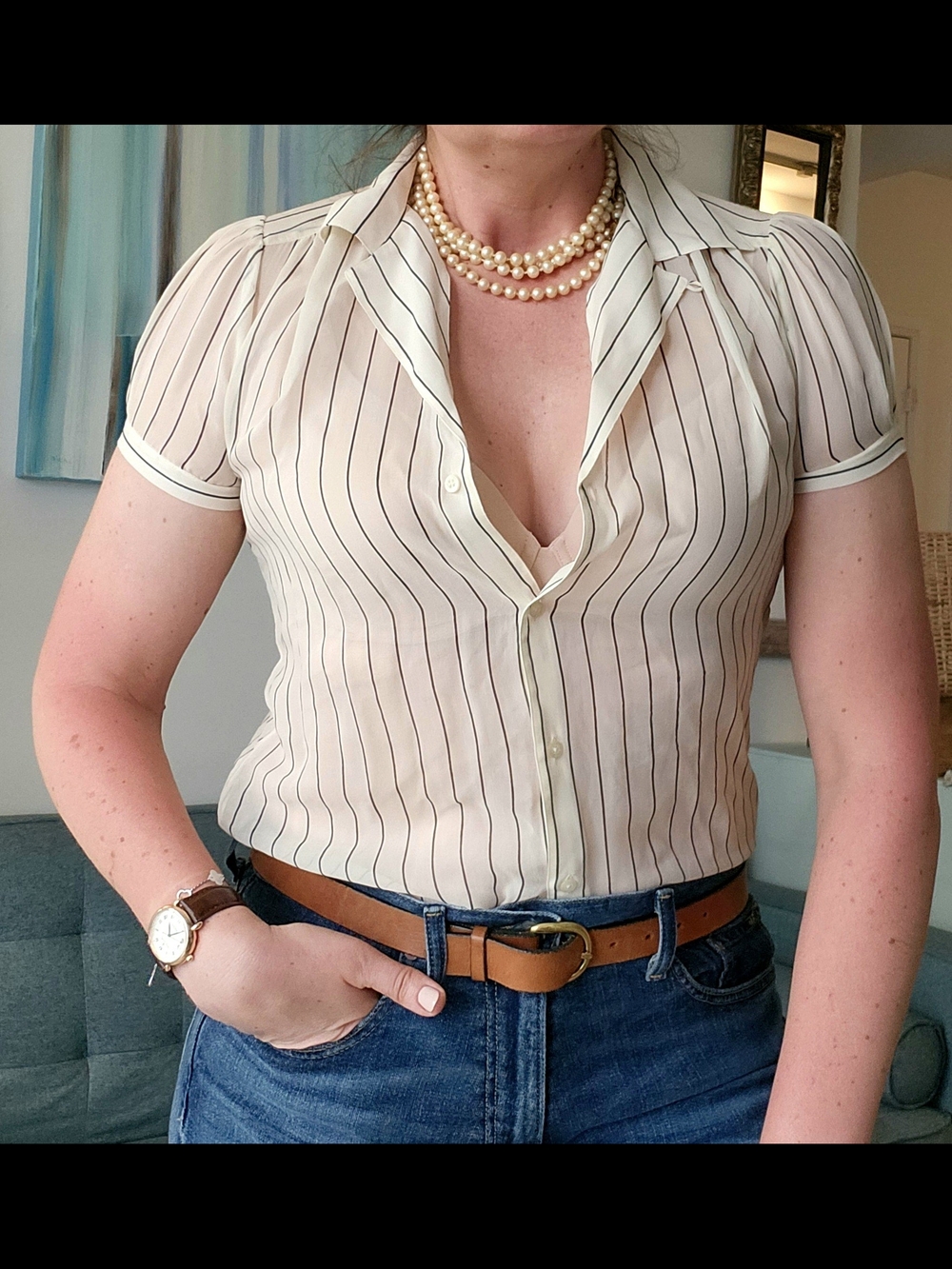 Ralph Lauren Ivory Silk Pinstripe Short-Sleeve Button-Down